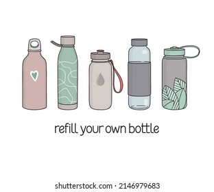 Set of hand drawn reusable water bottles. Refill your own bottle slogan. No single-use plastic, Zero waste tips, Eco living concept