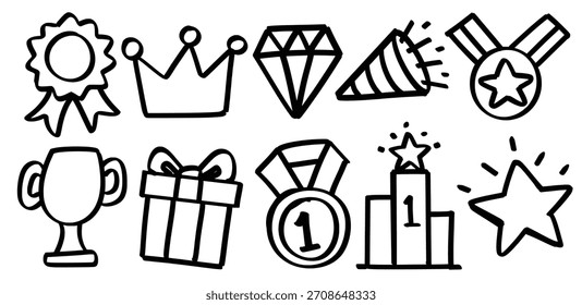 Conjunto de tema de recompensa dibujado a mano. Colección de Medalla, Cinta, Trofeo, Corona, Diamante, Confeti, Caja de regalo, Podio, Estrella Vector aislado