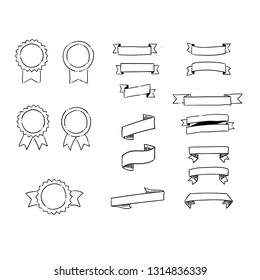 Set of hand drawn ribbon banners and medals, doodle collection