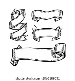 Set of hand drawn ribbon banners in vintage sketch style with curled decorative shapes.