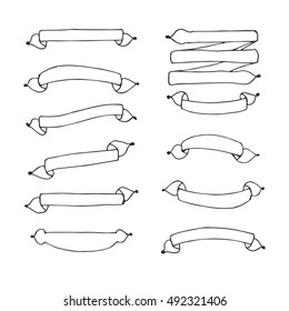 Set of hand drawn ribbon banners. Vector illustration.