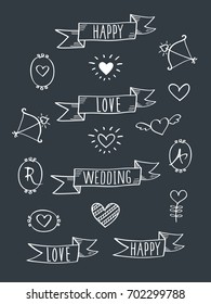 Set of hand drawn ribbon banners for Valentine's Day, wedding. Doodles, sketch, design elements. Vector.