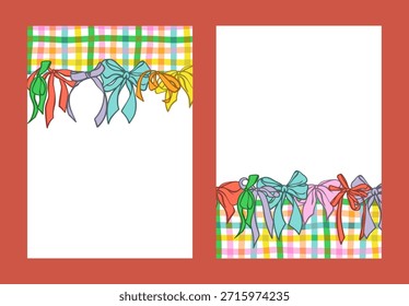 Conjunto de bordes de cinta dibujados a mano en estilo coqueta. Guirnalda de arcos coloridos sobre fondo a cuadros para tarjeta de felicitación, invitación, boda, cumpleaños de niños. Clipart de Festiva en estilo sketch vintage.