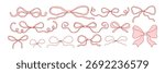 Set of hand drawn ribbon bows in coquette style. Cute feminine decorative elements for wedding digital design, scrapbooking, planners, christmas invitations, packaging, and social media. Vector art