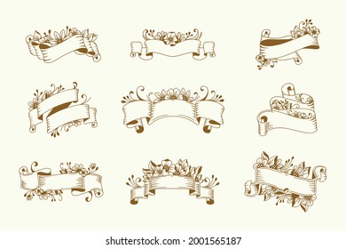 Set of Hand drawn ribbon with flower