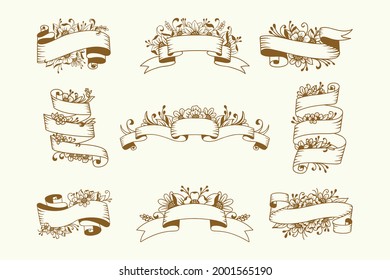 Set of Hand drawn ribbon with flower