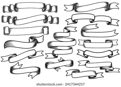 Set of hand drawn ribbons banner engraving isolated on transparent background. Ribbon doodle line art collection.