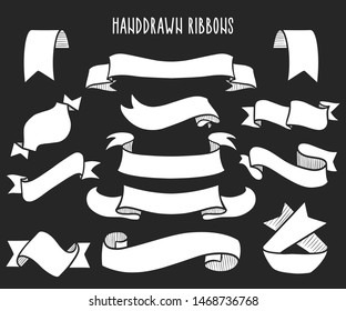 Set of Hand drawn ribbons / banners. Hand drawn Badge, banner, ribbon, flag, sunburst design element. Vector illustration.