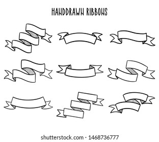 Set of Hand drawn ribbons / banners. Hand drawn Badge, banner, ribbon, flag, sunburst design element. Vector illustration.