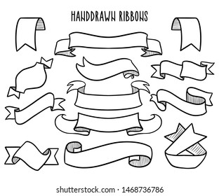Set of Hand drawn ribbons / banners. Hand drawn Badge, banner, ribbon, flag, sunburst design element. Vector illustration.