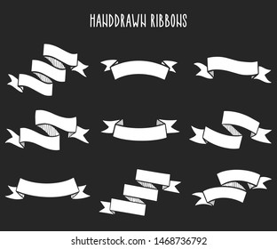 Set of Hand drawn ribbons / banners. Hand drawn Badge, banner, ribbon, flag, sunburst design element. Vector illustration.