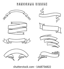 Set of Hand drawn ribbons / banners. Hand drawn Badge, banner, ribbon, flag, sunburst design element. Vector illustration.
