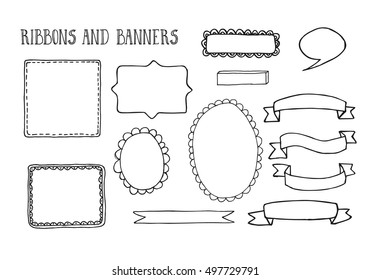 Set of hand drawn ribbons and banners. Editable squared and circle black frames isolated on white background. Hand sketched deign elements. Good for book illustration, card design and menu cover
