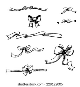 Set of hand drawn ribbons and bows. Vector illustration.