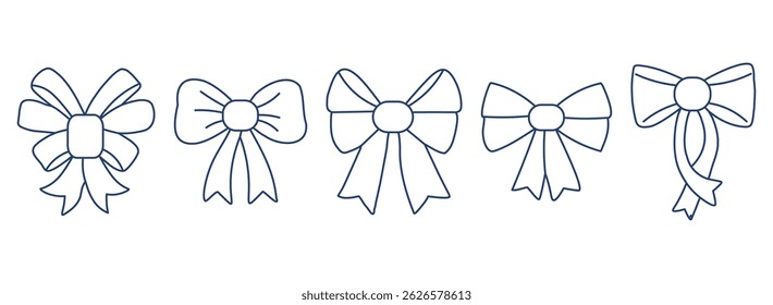 Set of hand drawn ribbons and bows. Vintage vector illustration ink style