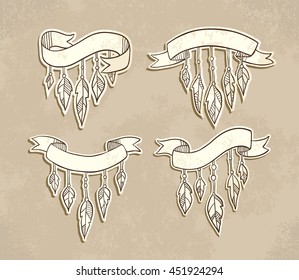 Set of hand drawn ribbons with feathers on grunge textured background. Art vector illustration