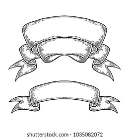 Set of hand drawn ribbons. Isolated on white background. Black vintage engraving vector template. Ancient manuscript, old message, copy space, doodle line art.