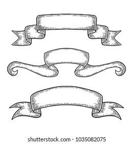 Set of hand drawn ribbons. Isolated on white background. Black vintage engraving vector template. Ancient manuscript, old message, copy space, doodle line art.