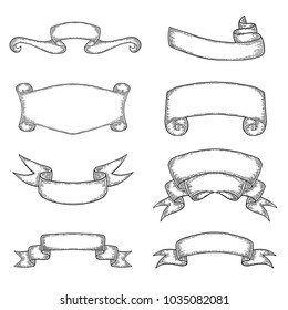 Set of hand drawn ribbons. Isolated on white background. Black vintage engraving vector template. Ancient manuscript, old message, copy space, doodle line art.