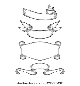 Set of hand drawn ribbons. Isolated on white background. Black vintage engraving vector template. Ancient manuscript, old message, copy space, doodle line art.