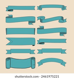 Set of hand drawn ribbons in vintage style. Vector illustration.