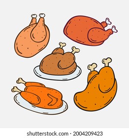 Set Hand drawn roasted chicken icon Design Template. vector sketch doodle illustration. Perfect for food concepts, diet infographics, icons or web design, street restaurants menu