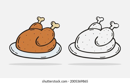 Establecer la plantilla de diseño del icono de pollo asado dibujado a mano. ilustración del doodle de esbozo vectorial. Perfecto para los conceptos de comida, infografía de dieta, iconos o diseño web, menú de restaurantes callejeros