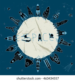 Set of hand drawn rockets in circle launching from asteroid. Vector illustration for outer space ship, spacecraft, satellite, comet, discovery, asteroid, planet, moon base in cartoon style