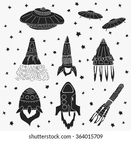 Set of hand drawn rockets. Space shuttle. UFO