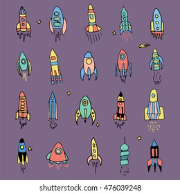 Set of hand drawn rockets. Vector illustration for outer space ship, spacecraft, satellite, comet in cartoon style in bright color for children