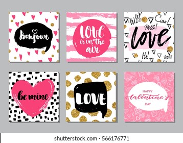 Set of hand drawn romantic cards. Valentine's day backgrounds. 