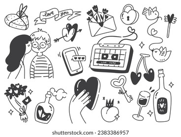 set of hand drawn romantic couple concept doodle design elements