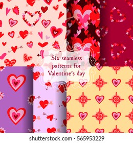 Set of hand drawn romantic seamless patterns with hearts. Collection of love doodle tile textures. Endless background for Valentine's day Template for wrapping, scrapbook paper, web and textile print.