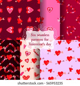 Set of hand drawn romantic seamless patterns with hearts. Collection of love doodle tile textures. Endless background for Valentine's day Template for wrapping, scrapbook paper, web and textile print.