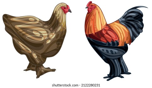 Set of hand drawn rooster and a chicken The breed of Gold brahma