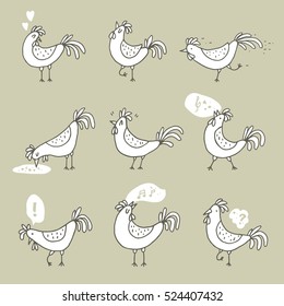 set of hand drawn rooster doodles, rooster in different positions and emotions