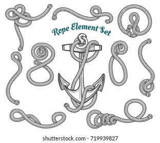 set of hand drawn ropes corners and loops. Vector rope design elements.