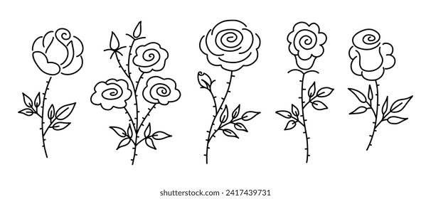 Set of hand drawn rose flowers. Vector black line illustration collection isolated on white background.