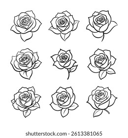 Set of hand drawn rose line art vector featuring outline illustrations of roses isolated on a white background