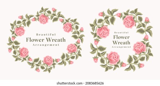 Set Of Hand Drawn Rose, Peony Flowers And Leaf Branch Wreath Vector Illustration Arrangement For Decoration, Wedding Invitation, Greeting Card, Beauty And Feminine Products