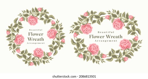 Set of hand drawn rose, peony flowers and leaf branch wreath vector illustration arrangement for decoration, wedding invitation, greeting card, beauty and feminine products