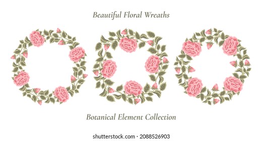 Set of hand drawn rose, peony flowers and leaf branch wreath vector illustration arrangement for decoration, wedding invitation, greeting card, beauty and feminine products
