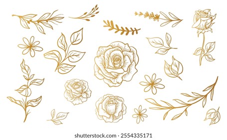 Set of hand drawn roses, branches and leaves in line art style. Illustration for tattoo, wedding invitation, wallpaper.