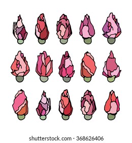 Set of hand drawn roses. Made in vector in lineal flat style. Easy recolor.