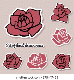 Set of hand drawn roses. Romantic stickers. Vector illustration. 