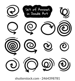 set of hand drawn rotating and swirl arrows in various simple round styles for poster or social media post design template