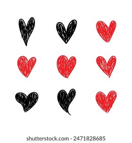 Conjunto de corazones dibujados a mano rotulador aislados sobre fondo blanco para el día de San Valentín