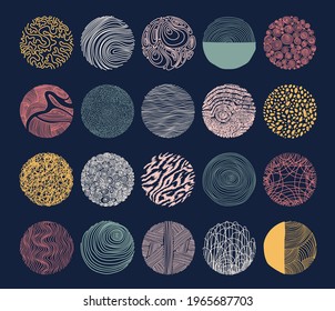 Set of hand drawn round abstract colorful backgrounds or patterns.  Vector doodle shapes. Spots, drops, curves, pastel lines. Contemporary modern trendy. Posters, social media Icons templates.