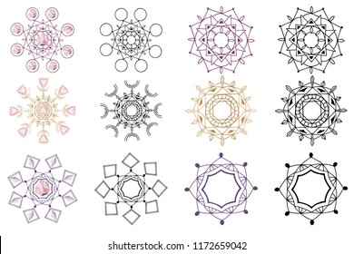 Set of hand drawn round black and white and colored, with crystals mandalas, sacral geometry, vector illustration