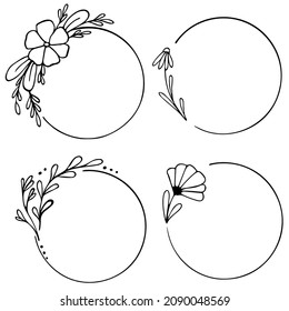 Set of hand drawn round doodle floral with leaves on white background